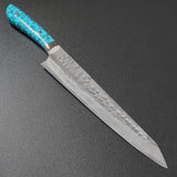 Saji Takeshi SRS13 Hammered Damascus Sujihiki 270mm Blue Turquoise