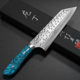 Saji Takeshi SRS13 Hammered Damascus Bunka Knife 180mm Blue Turquoise