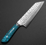 Saji Takeshi SRS13 Hammered Damascus Bunka Knife 180mm Blue Turquoise