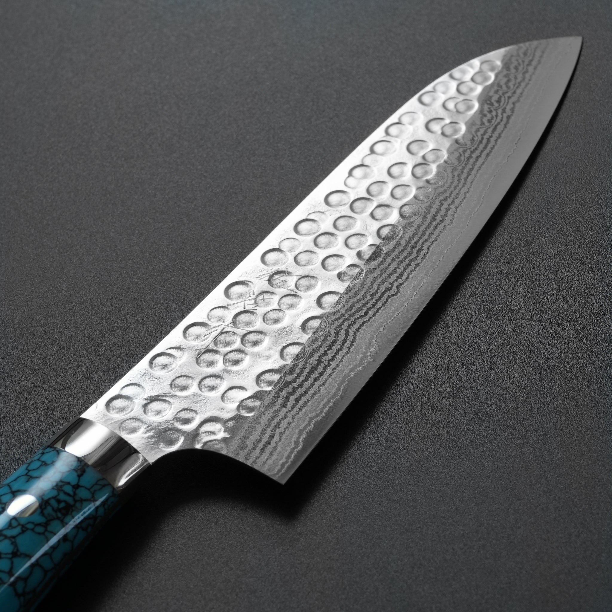 Saji Takeshi SRS13 Hammered Damascus Santoku Knife 180mm Blue