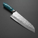 Saji Takeshi SRS13 Hammered Damascus Santoku Knife 180mm Blue Turquoise