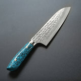 Saji Takeshi SRS13 Hammered Damascus Santoku Knife 180mm Blue Turquoise