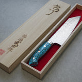 Saji Takeshi SG2 Damascus Diamond Finish Bunka Knife 180mm Blue Turquoise