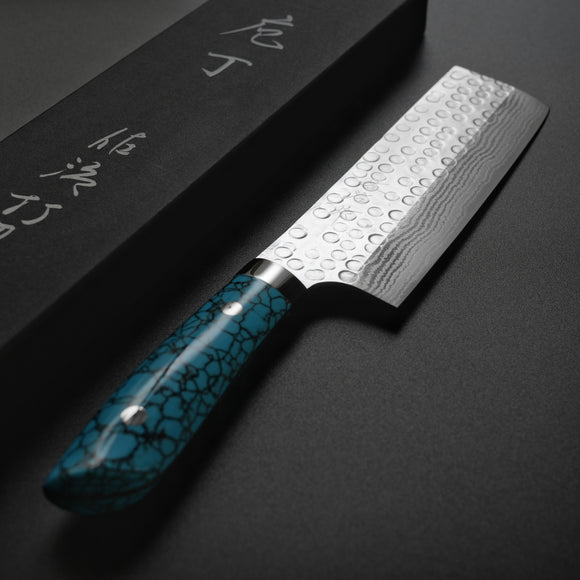 Saji Takeshi SRS13 Hammered Damascus Nakiri Knife Blue Turquoise