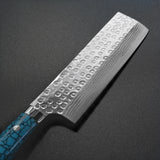 Saji Takeshi SRS13 Hammered Damascus Nakiri Knife Blue Turquoise