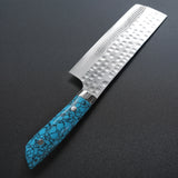 Saji Takeshi SRS13 Hammered Damascus Nakiri Knife Blue Turquoise