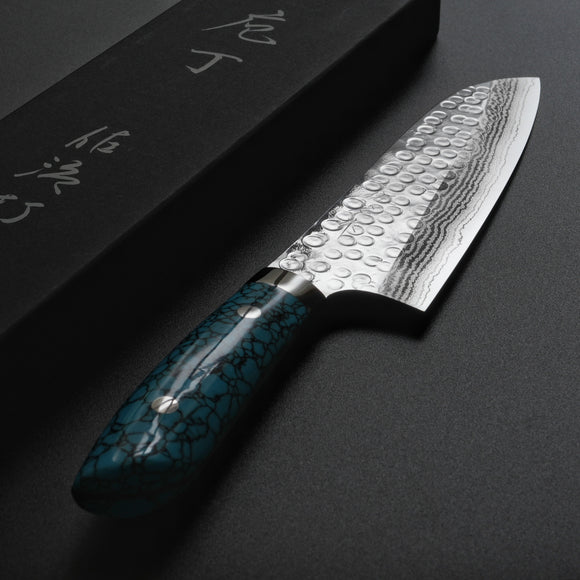 Saji Takeshi SRS13 Hammered Damascus Santoku Knife 180mm Blue Turquoise