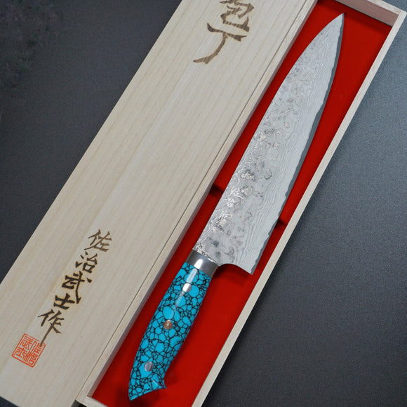 Saji Takeshi SG2 Super Gold 2 Damascus Matte Finish Gyuto Chef's Knife 240mm Blue Turquoise