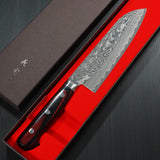 Yoshimi Kato Super Gold 2 SG2 V-shape Black Damascus Santoku Knife Red Handle