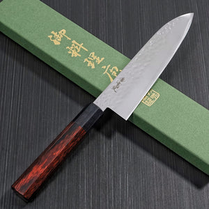 Kanjo Hammered MV steel Santoku Knife Red Handle